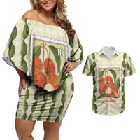 Aloha Hawaii Rambutan Palaka Motifs Couples Matching Off Shoulder Short Dress and Hawaiian Shirt Hawaiian Fruit Stylized Stamp LT14 Yellow - Polynesian Pride