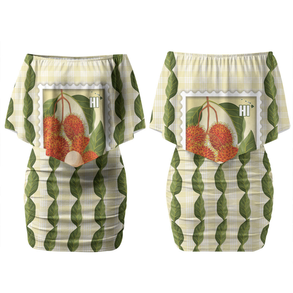 Aloha Hawaii Rambutan Palaka Motifs Couples Matching Off Shoulder Short Dress and Long Sleeve Button Shirt Hawaiian Fruit Stylized Stamp LT14 - Polynesian Pride