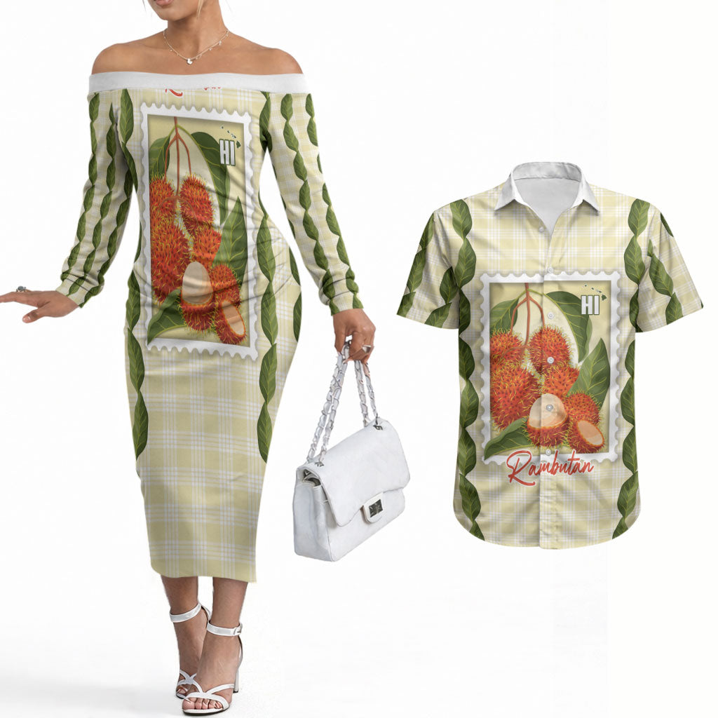 Aloha Hawaii Rambutan Palaka Motifs Couples Matching Off The Shoulder Long Sleeve Dress and Hawaiian Shirt Hawaiian Fruit Stylized Stamp LT14 Yellow - Polynesian Pride