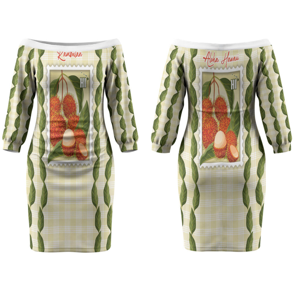 Aloha Hawaii Rambutan Palaka Motifs Couples Matching Off The Shoulder Long Sleeve Dress and Long Sleeve Button Shirt Hawaiian Fruit Stylized Stamp LT14 - Polynesian Pride