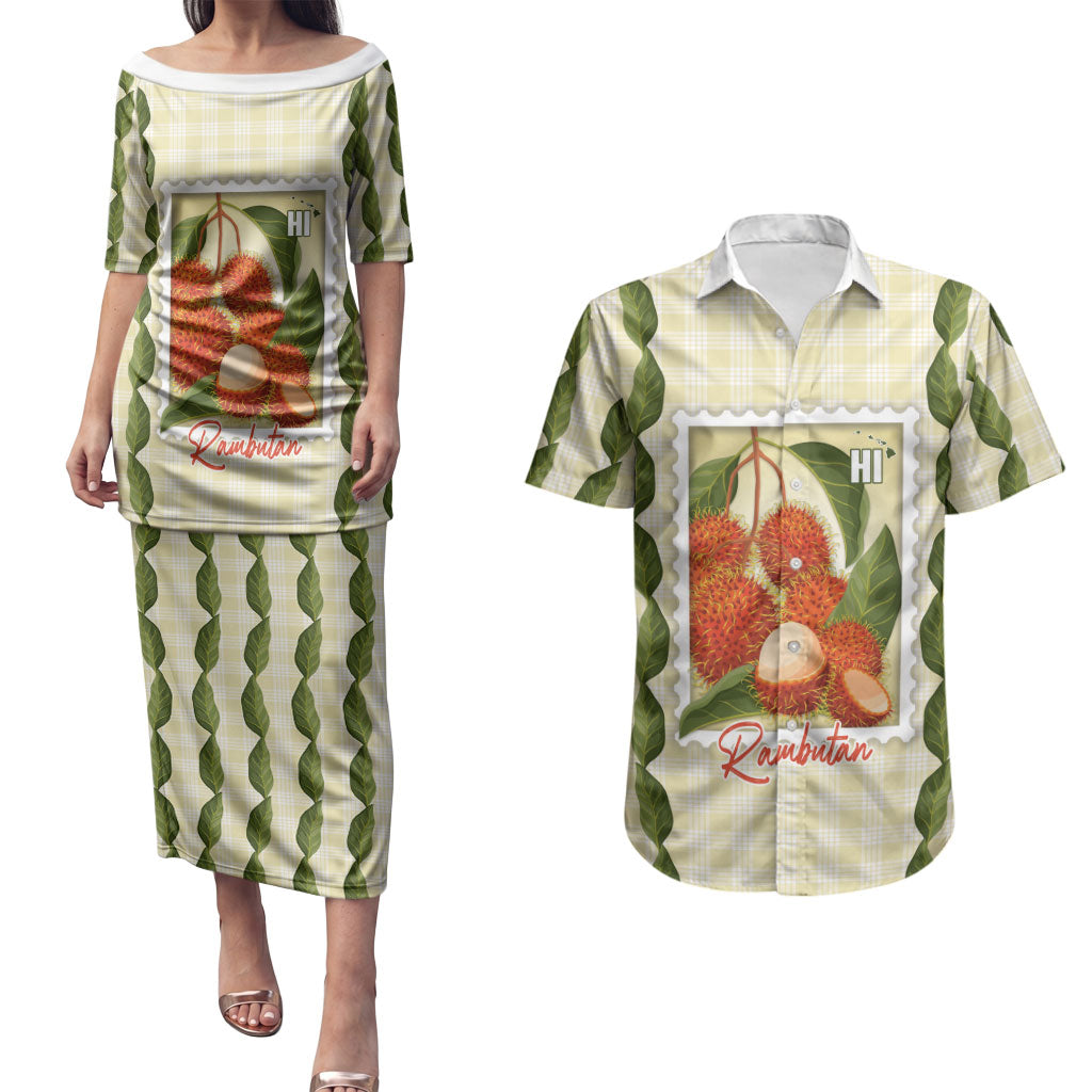 Aloha Hawaii Rambutan Palaka Motifs Couples Matching Puletasi and Hawaiian Shirt Hawaiian Fruit Stylized Stamp LT14 Yellow - Polynesian Pride