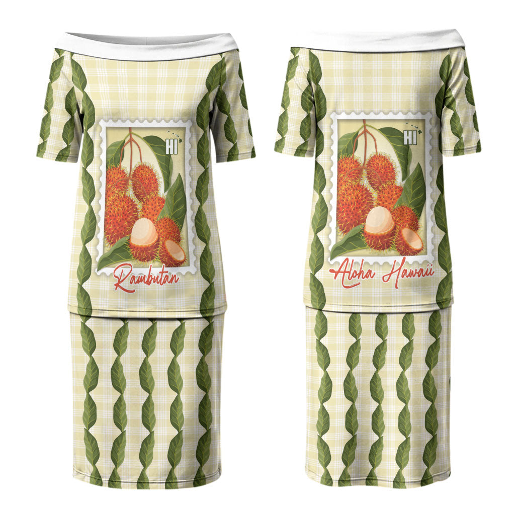 Aloha Hawaii Rambutan Palaka Motifs Couples Matching Puletasi and Hawaiian Shirt Hawaiian Fruit Stylized Stamp LT14 - Polynesian Pride