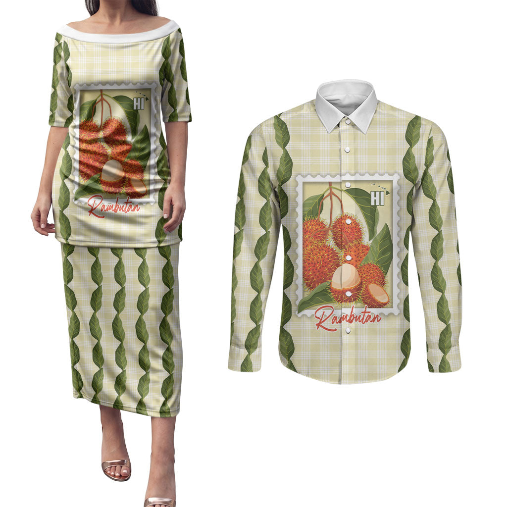 Aloha Hawaii Rambutan Palaka Motifs Couples Matching Puletasi and Long Sleeve Button Shirt Hawaiian Fruit Stylized Stamp LT14 Yellow - Polynesian Pride