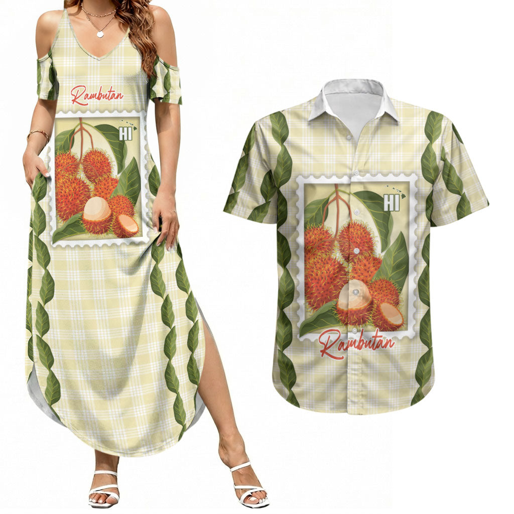 Aloha Hawaii Rambutan Palaka Motifs Couples Matching Summer Maxi Dress and Hawaiian Shirt Hawaiian Fruit Stylized Stamp LT14 Yellow - Polynesian Pride