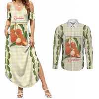 Aloha Hawaii Rambutan Palaka Motifs Couples Matching Summer Maxi Dress and Long Sleeve Button Shirt Hawaiian Fruit Stylized Stamp LT14 Yellow - Polynesian Pride