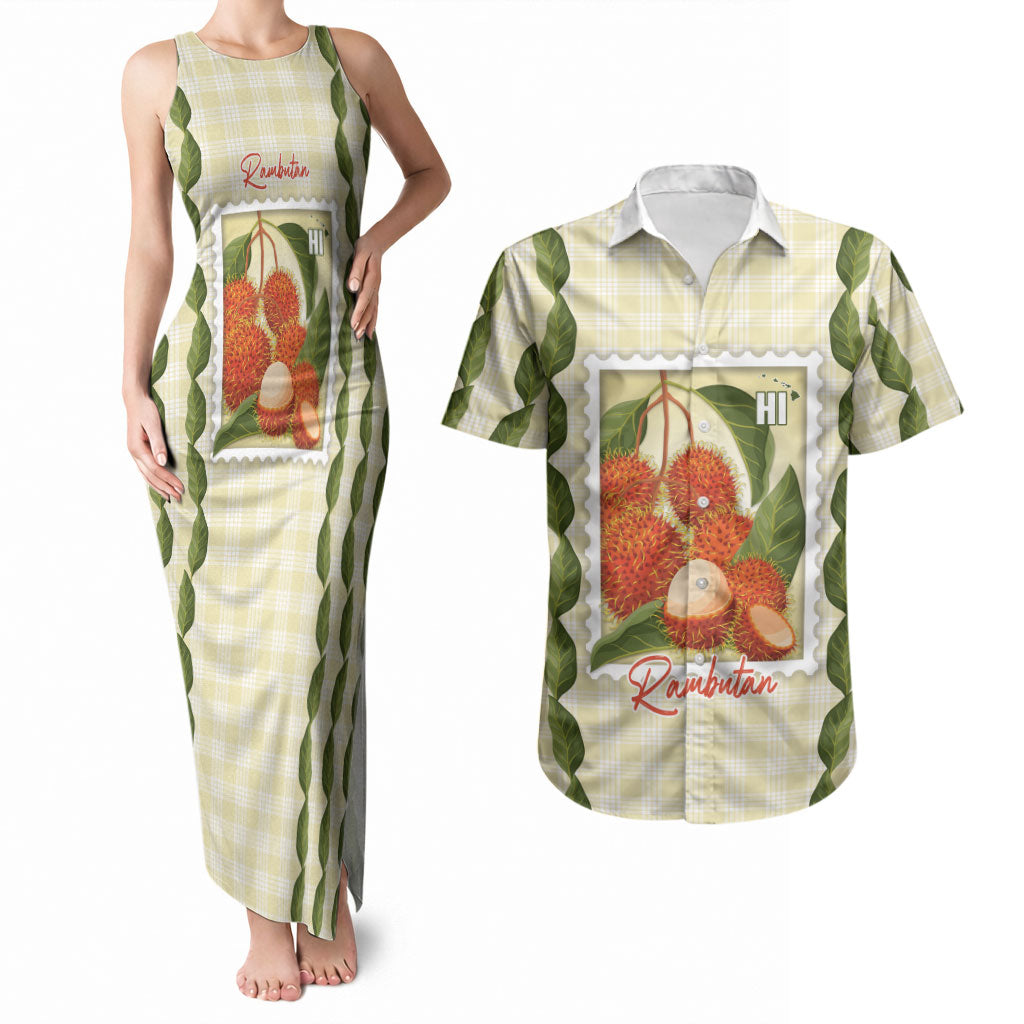 Aloha Hawaii Rambutan Palaka Motifs Couples Matching Tank Maxi Dress and Hawaiian Shirt Hawaiian Fruit Stylized Stamp LT14 Yellow - Polynesian Pride