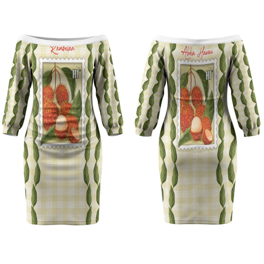 Aloha Hawaii Rambutan Palaka Motifs Family Matching Off The Shoulder Long Sleeve Dress and Hawaiian Shirt Hawaiian Fruit Stylized Stamp LT14 Mom's Dress Yellow - Polynesian Pride