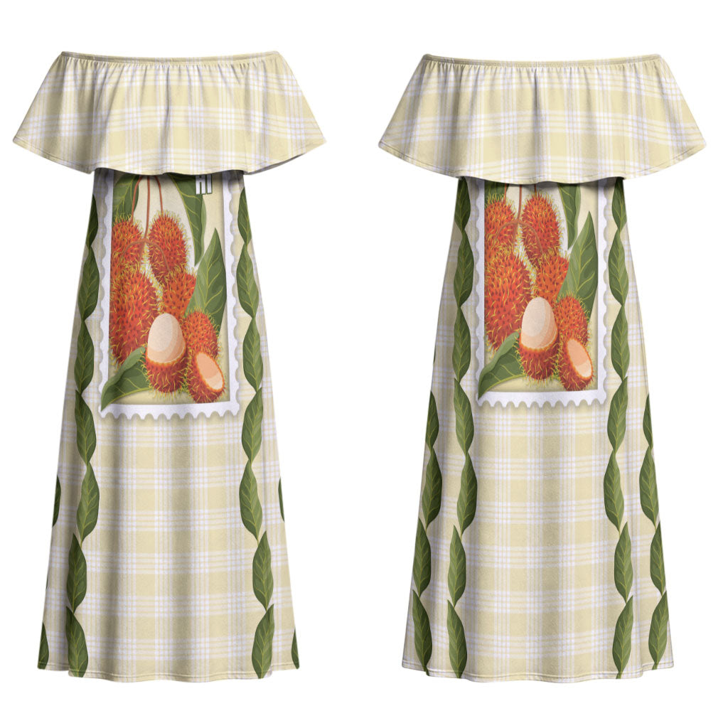 Aloha Hawaii Rambutan Palaka Motifs Family Matching Off Shoulder Maxi Dress and Hawaiian Shirt Hawaiian Fruit Stylized Stamp LT14 Mom's Dress Yellow - Polynesian Pride