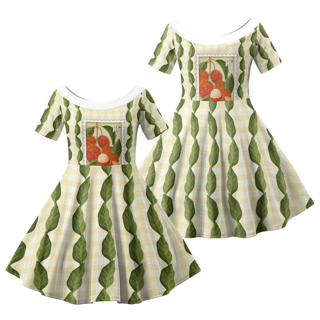 Aloha Hawaii Rambutan Palaka Motifs Family Matching Summer Maxi Dress and Hawaiian Shirt Hawaiian Fruit Stylized Stamp LT14 Daughter's Dress Yellow - Polynesian Pride