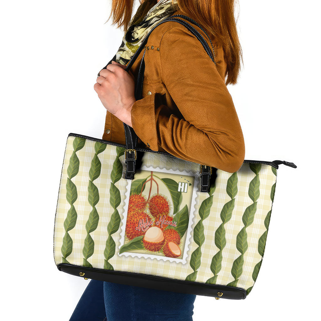 Aloha Hawaii Rambutan Palaka Motifs Leather Tote Bag Hawaiian Fruit Stylized Stamp LT14 Yellow - Polynesian Pride