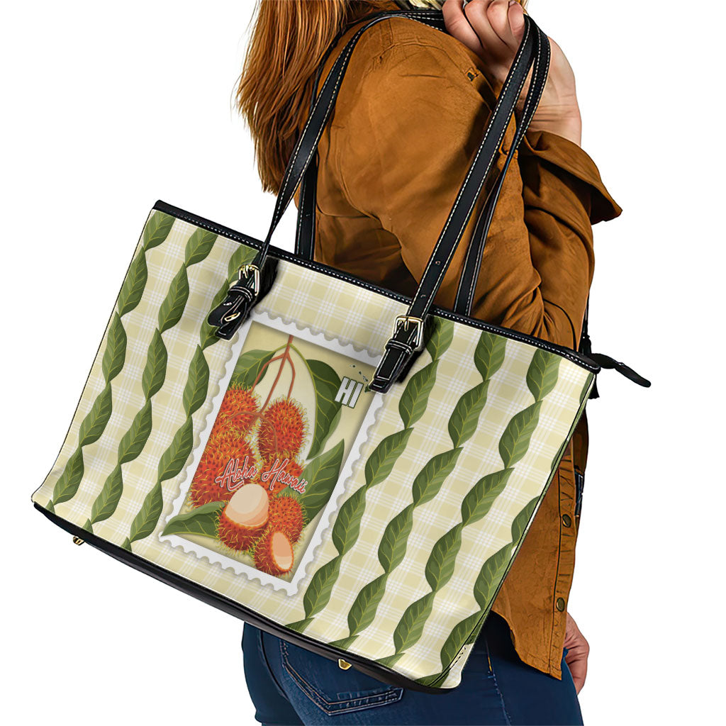Aloha Hawaii Rambutan Palaka Motifs Leather Tote Bag Hawaiian Fruit Stylized Stamp LT14 - Polynesian Pride