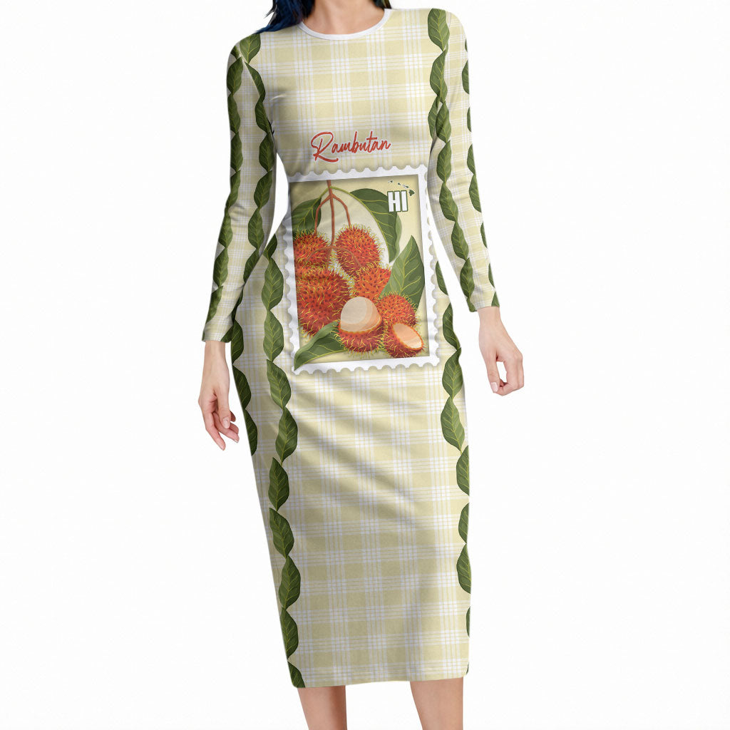 Aloha Hawaii Rambutan Palaka Motifs Long Sleeve Bodycon Dress Hawaiian Fruit Stylized Stamp LT14 Long Dress Yellow - Polynesian Pride