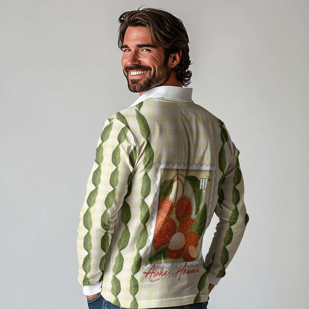Aloha Hawaii Rambutan Palaka Motifs Long Sleeve Polo Shirt Hawaiian Fruit Stylized Stamp LT14 - Polynesian Pride