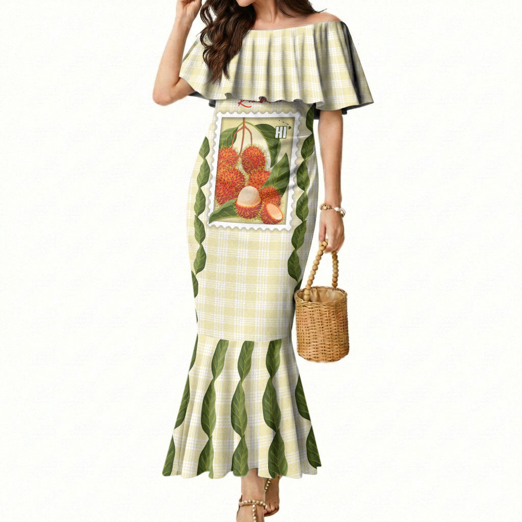 Aloha Hawaii Rambutan Palaka Motifs Mermaid Dress Hawaiian Fruit Stylized Stamp LT14 Women Yellow - Polynesian Pride
