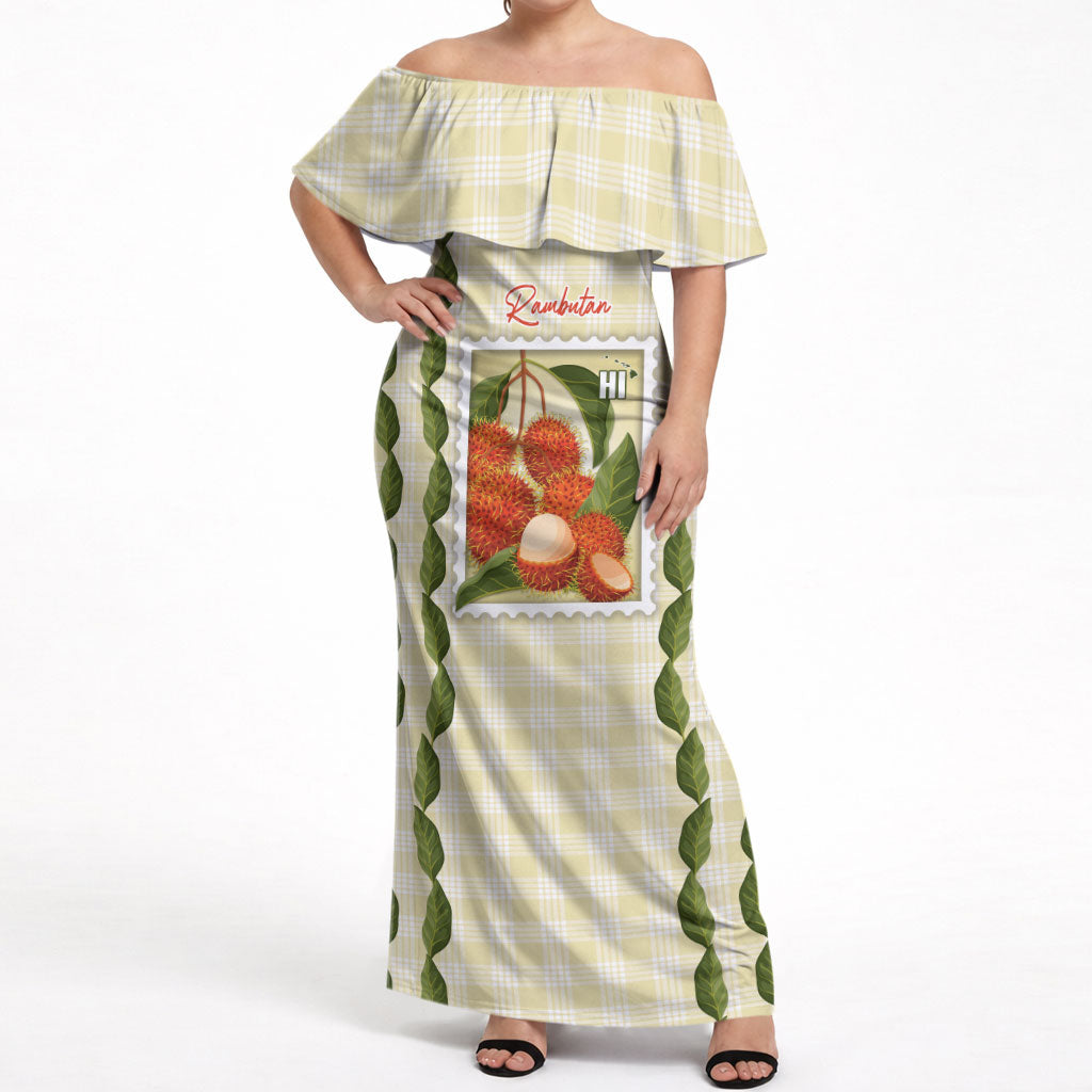 Aloha Hawaii Rambutan Palaka Motifs Off Shoulder Maxi Dress Hawaiian Fruit Stylized Stamp