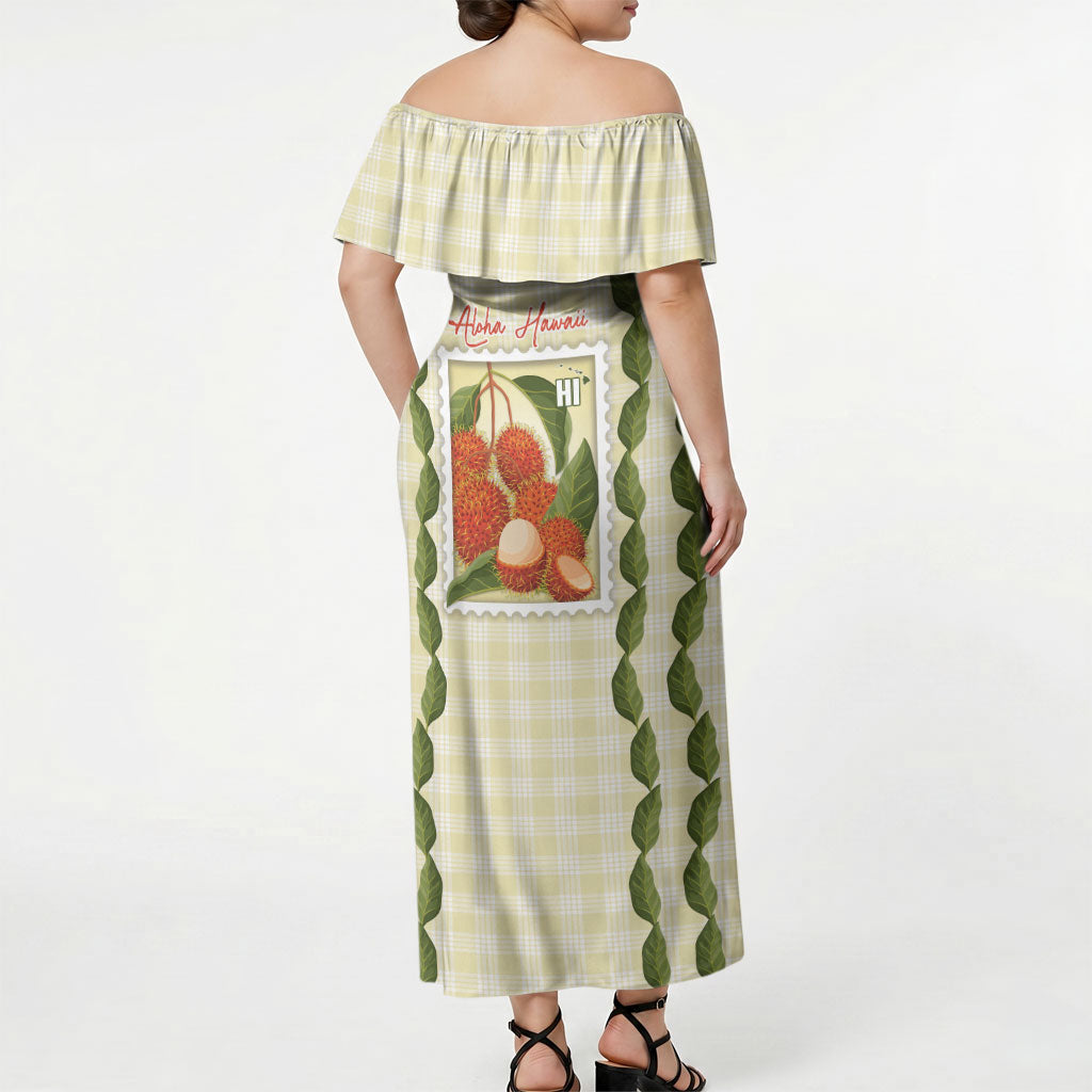 Aloha Hawaii Rambutan Palaka Motifs Off Shoulder Maxi Dress Hawaiian Fruit Stylized Stamp LT14 - Polynesian Pride