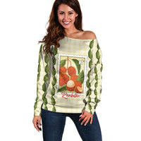 Aloha Hawaii Rambutan Palaka Motifs Off Shoulder Sweater Hawaiian Fruit Stylized Stamp LT14 Women Yellow - Polynesian Pride