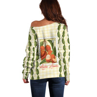 Aloha Hawaii Rambutan Palaka Motifs Off Shoulder Sweater Hawaiian Fruit Stylized Stamp LT14 - Polynesian Pride