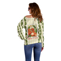 Aloha Hawaii Rambutan Palaka Motifs Off Shoulder Sweater Hawaiian Fruit Stylized Stamp LT14 - Polynesian Pride
