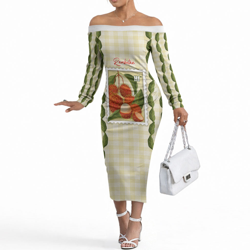 Aloha Hawaii Rambutan Palaka Motifs Off The Shoulder Long Sleeve Dress Hawaiian Fruit Stylized Stamp