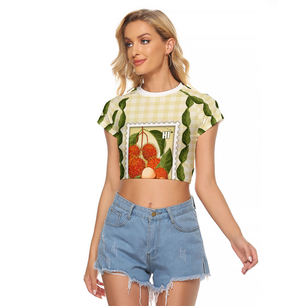 Aloha Hawaii Rambutan Palaka Motifs Raglan Cropped T Shirt Hawaiian Fruit Stylized Stamp LT14 Female Yellow - Polynesian Pride