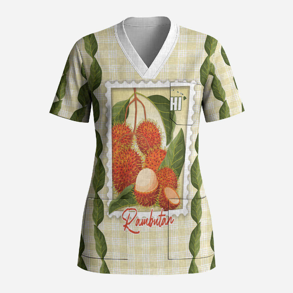 Aloha Hawaii Rambutan Palaka Motifs Scrub Top Hawaiian Fruit Stylized Stamp LT14 Adult Yellow - Polynesian Pride
