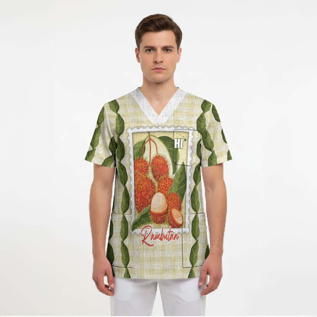 Aloha Hawaii Rambutan Palaka Motifs Scrub Top Hawaiian Fruit Stylized Stamp LT14 - Polynesian Pride