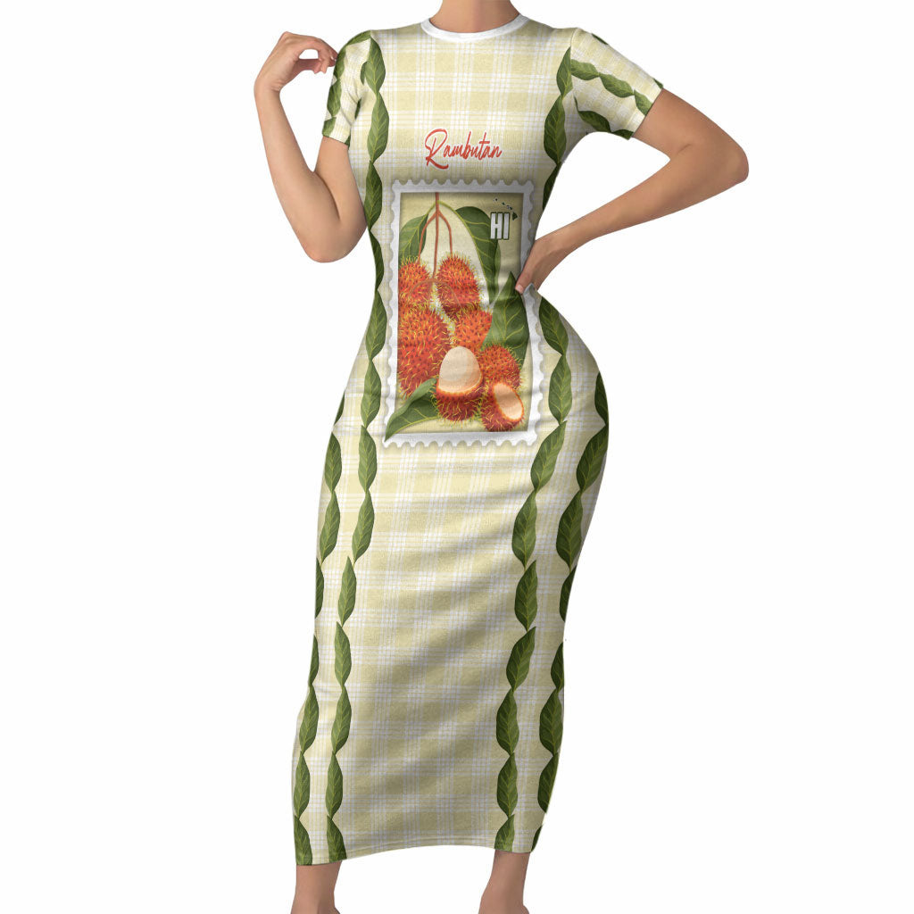 Aloha Hawaii Rambutan Palaka Motifs Short Sleeve Bodycon Dress Hawaiian Fruit Stylized Stamp LT14 Long Dress Yellow - Polynesian Pride