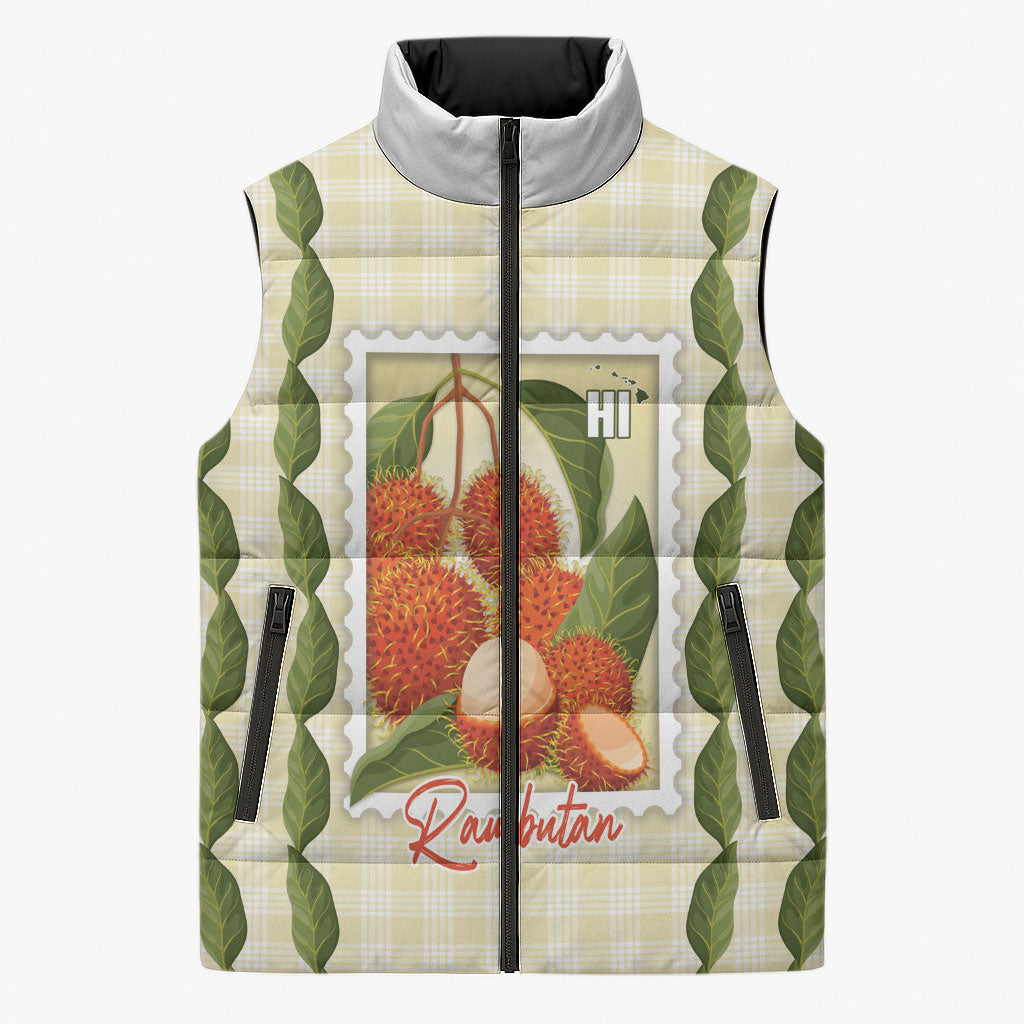 Aloha Hawaii Rambutan Palaka Motifs Sleeveless Puffer Jacket Hawaiian Fruit Stylized Stamp