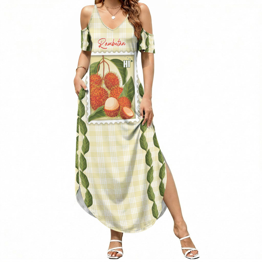 Aloha Hawaii Rambutan Palaka Motifs Summer Maxi Dress Hawaiian Fruit Stylized Stamp