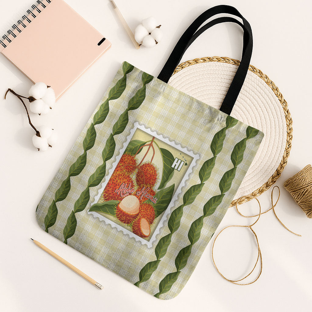 Aloha Hawaii Rambutan Palaka Motifs Tote Bag Hawaiian Fruit Stylized Stamp