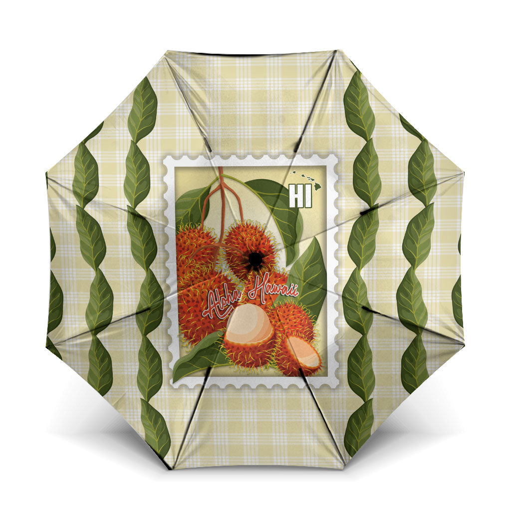 Aloha Hawaii Rambutan Palaka Motifs Umbrella Hawaiian Fruit Stylized Stamp LT14 One Size Folded 11.42 inch Opened Diameter 37.4 inch Yellow - Polynesian Pride