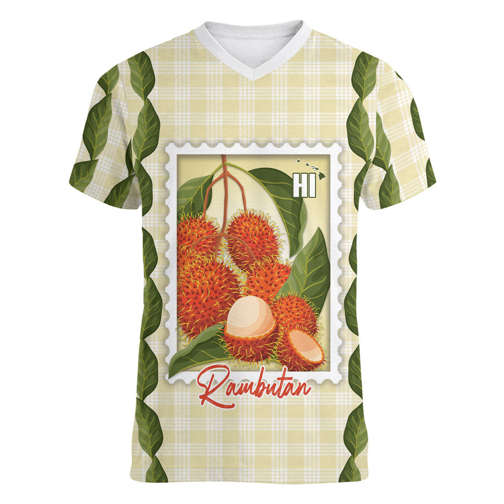 Aloha Hawaii Rambutan Palaka Motifs Women V-Neck T-Shirt Hawaiian Fruit Stylized Stamp LT14 Female Yellow - Polynesian Pride