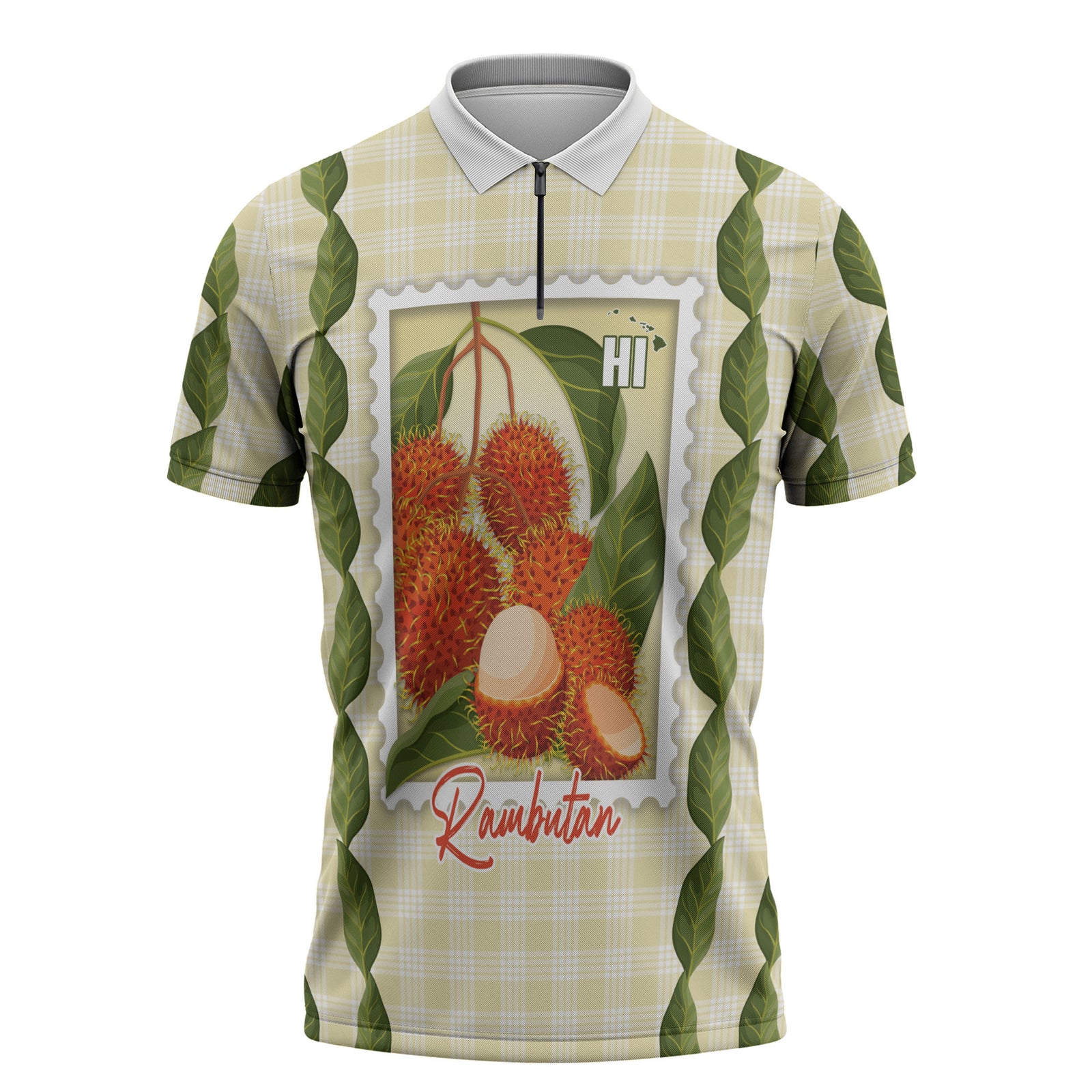 Aloha Hawaii Rambutan Palaka Motifs Zipper Polo Shirt Hawaiian Fruit Stylized Stamp LT14 Yellow - Polynesian Pride