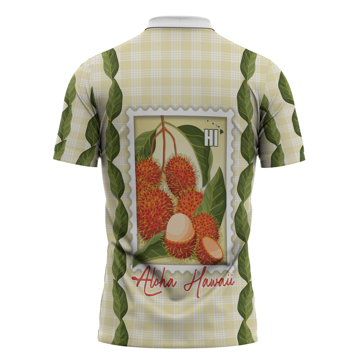Aloha Hawaii Rambutan Palaka Motifs Zipper Polo Shirt Hawaiian Fruit Stylized Stamp LT14 - Polynesian Pride