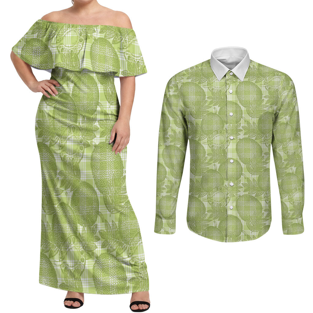 Omaomao Hawaii Breadfruit Palaka Motifs Couples Matching Off Shoulder Maxi Dress and Long Sleeve Button Shirt
