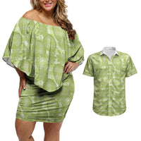 Omaomao Hawaii Breadfruit Palaka Motifs Couples Matching Off Shoulder Short Dress and Hawaiian Shirt LT14 Green - Polynesian Pride