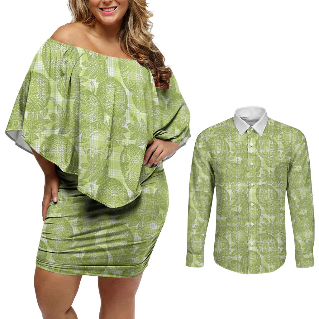 Omaomao Hawaii Breadfruit Palaka Motifs Couples Matching Off Shoulder Short Dress and Long Sleeve Button Shirt LT14 Green - Polynesian Pride