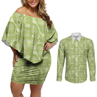 Omaomao Hawaii Breadfruit Palaka Motifs Couples Matching Off Shoulder Short Dress and Long Sleeve Button Shirt LT14 Green - Polynesian Pride