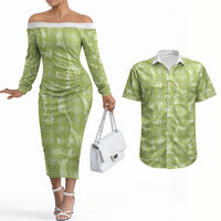 Omaomao Hawaii Breadfruit Palaka Motifs Couples Matching Off The Shoulder Long Sleeve Dress and Hawaiian Shirt LT14 Green - Polynesian Pride