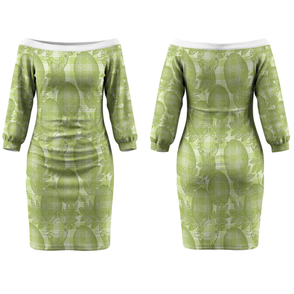 Omaomao Hawaii Breadfruit Palaka Motifs Couples Matching Off The Shoulder Long Sleeve Dress and Hawaiian Shirt LT14 - Polynesian Pride