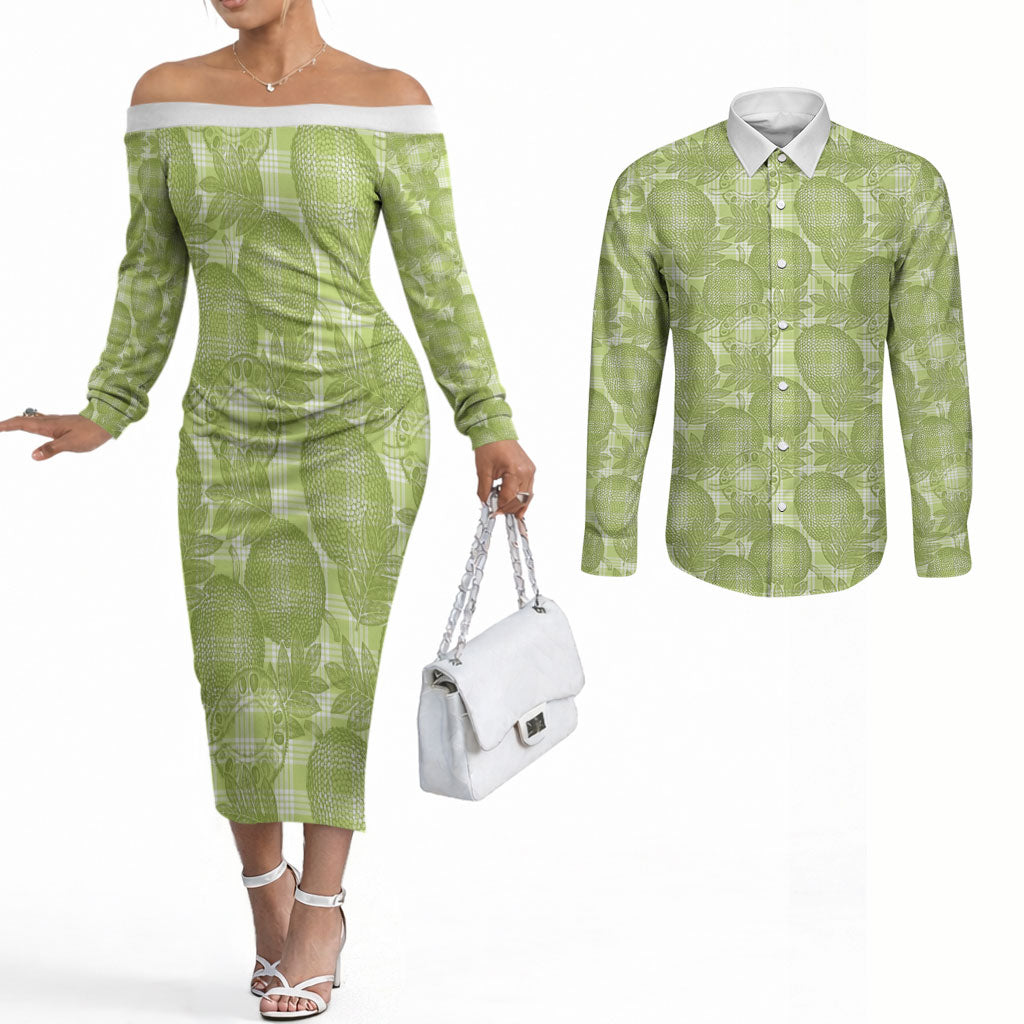 Omaomao Hawaii Breadfruit Palaka Motifs Couples Matching Off The Shoulder Long Sleeve Dress and Long Sleeve Button Shirt LT14 Green - Polynesian Pride