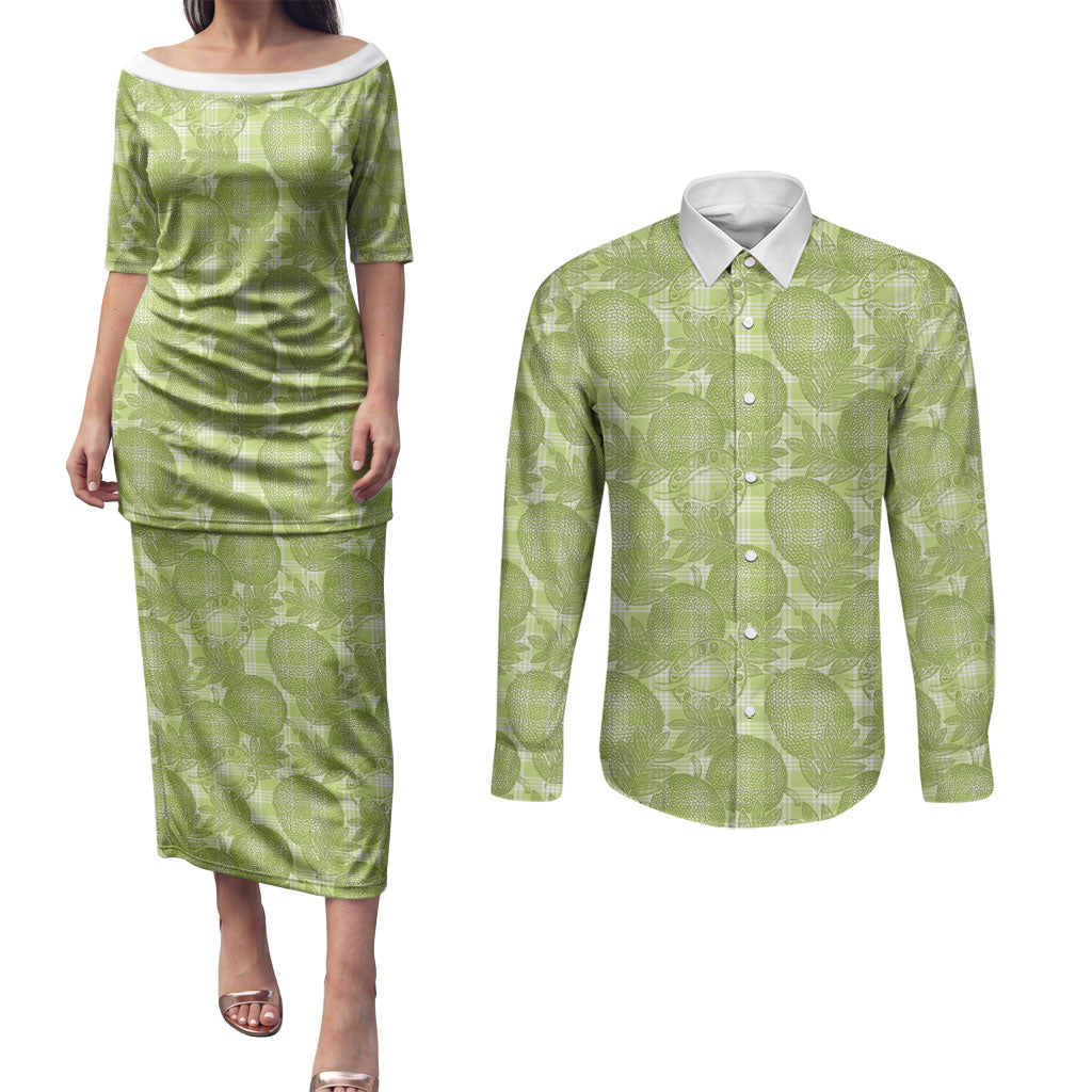 Omaomao Hawaii Breadfruit Palaka Motifs Couples Matching Puletasi and Long Sleeve Button Shirt LT14 Green - Polynesian Pride