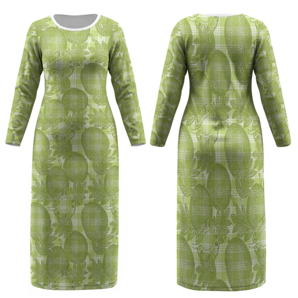 Omaomao Hawaii Breadfruit Palaka Motifs Family Matching Long Sleeve Bodycon Dress and Hawaiian Shirt LT14 Mom's Dress Green - Polynesian Pride