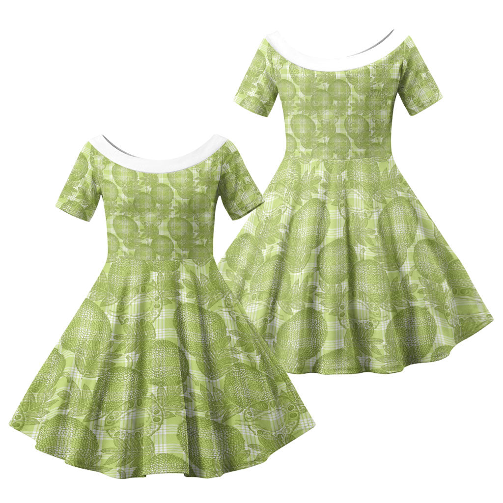 Omaomao Hawaii Breadfruit Palaka Motifs Family Matching Long Sleeve Bodycon Dress and Hawaiian Shirt LT14 Daughter's Dress Green - Polynesian Pride