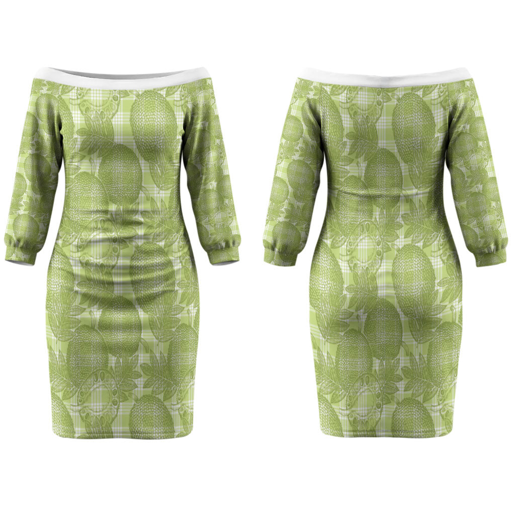 Omaomao Hawaii Breadfruit Palaka Motifs Family Matching Off The Shoulder Long Sleeve Dress and Hawaiian Shirt LT14 Mom's Dress Green - Polynesian Pride