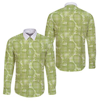 Omaomao Hawaii Breadfruit Palaka Motifs Family Matching Off The Shoulder Long Sleeve Dress and Hawaiian Shirt LT14 Dad's Shirt - Long Sleeve Green - Polynesian Pride