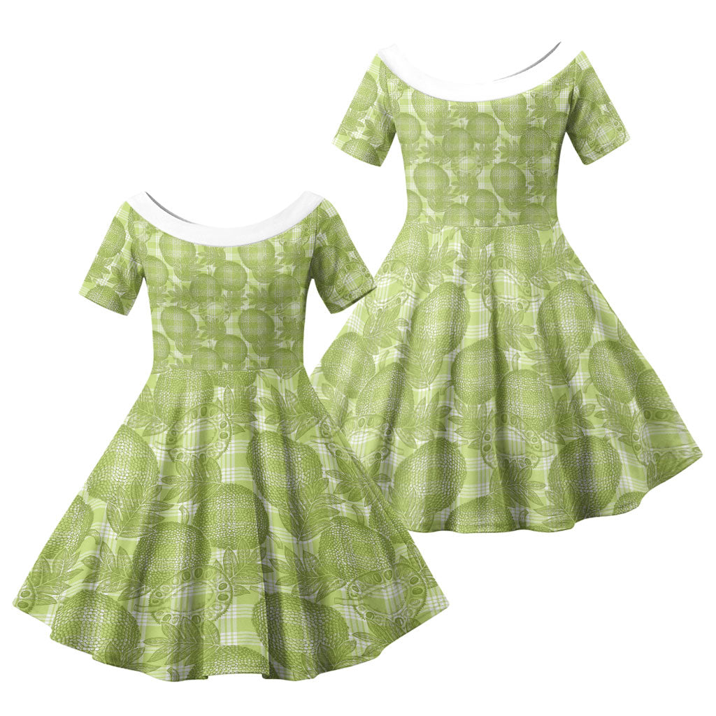 Omaomao Hawaii Breadfruit Palaka Motifs Family Matching Off The Shoulder Long Sleeve Dress and Hawaiian Shirt LT14 Daughter's Dress Green - Polynesian Pride