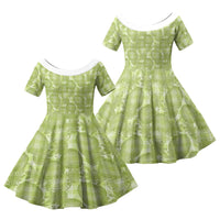Omaomao Hawaii Breadfruit Palaka Motifs Family Matching Off The Shoulder Long Sleeve Dress and Hawaiian Shirt LT14 Daughter's Dress Green - Polynesian Pride
