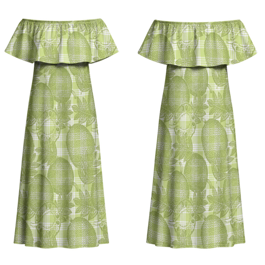 Omaomao Hawaii Breadfruit Palaka Motifs Family Matching Off Shoulder Maxi Dress and Hawaiian Shirt LT14 Mom's Dress Green - Polynesian Pride